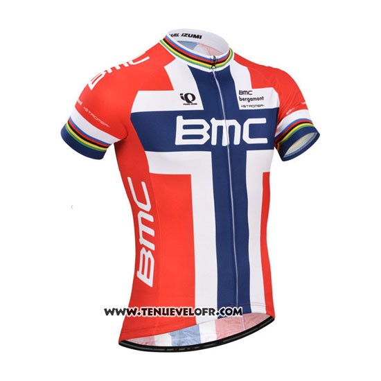 2014 Maillot Ciclismo BMC Champion Norvege Bleu et Rouge Manches Courtes et Cuissard